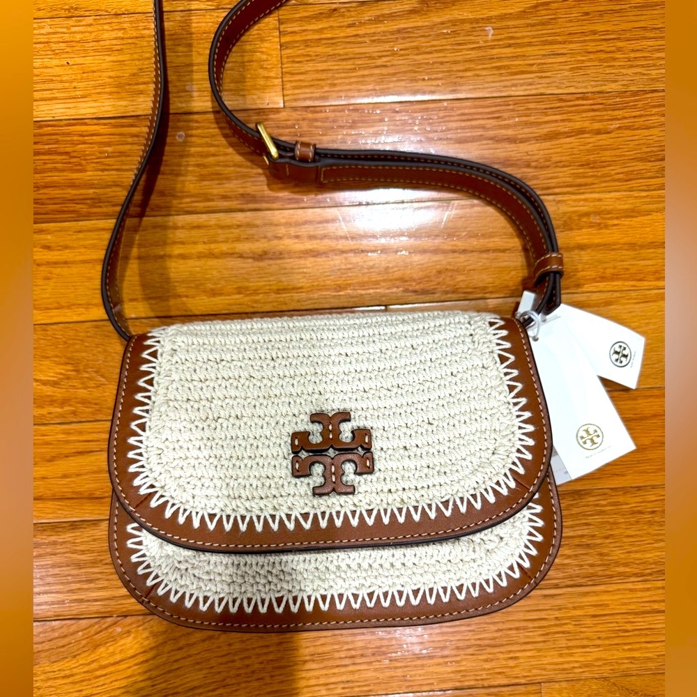 Tory Burch Rattan Crochet Saddle Crossbody Bag